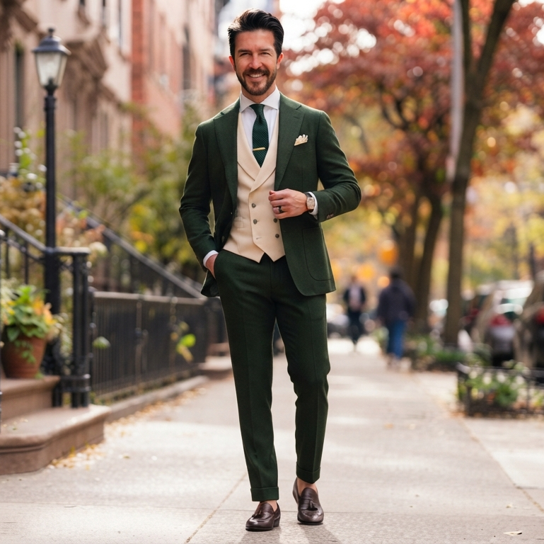 Mens Dark Green Three Piece Suit, Cream Waistcoat, Groom Wedding Suit, Peak Lapel Tuxedo, Custom Made Prom Suit