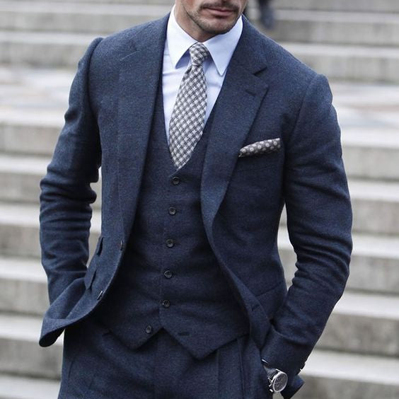 Navy Blue Three Piece Suit in Premium Tweed Wool Fabric Classic & Timeless Elegance