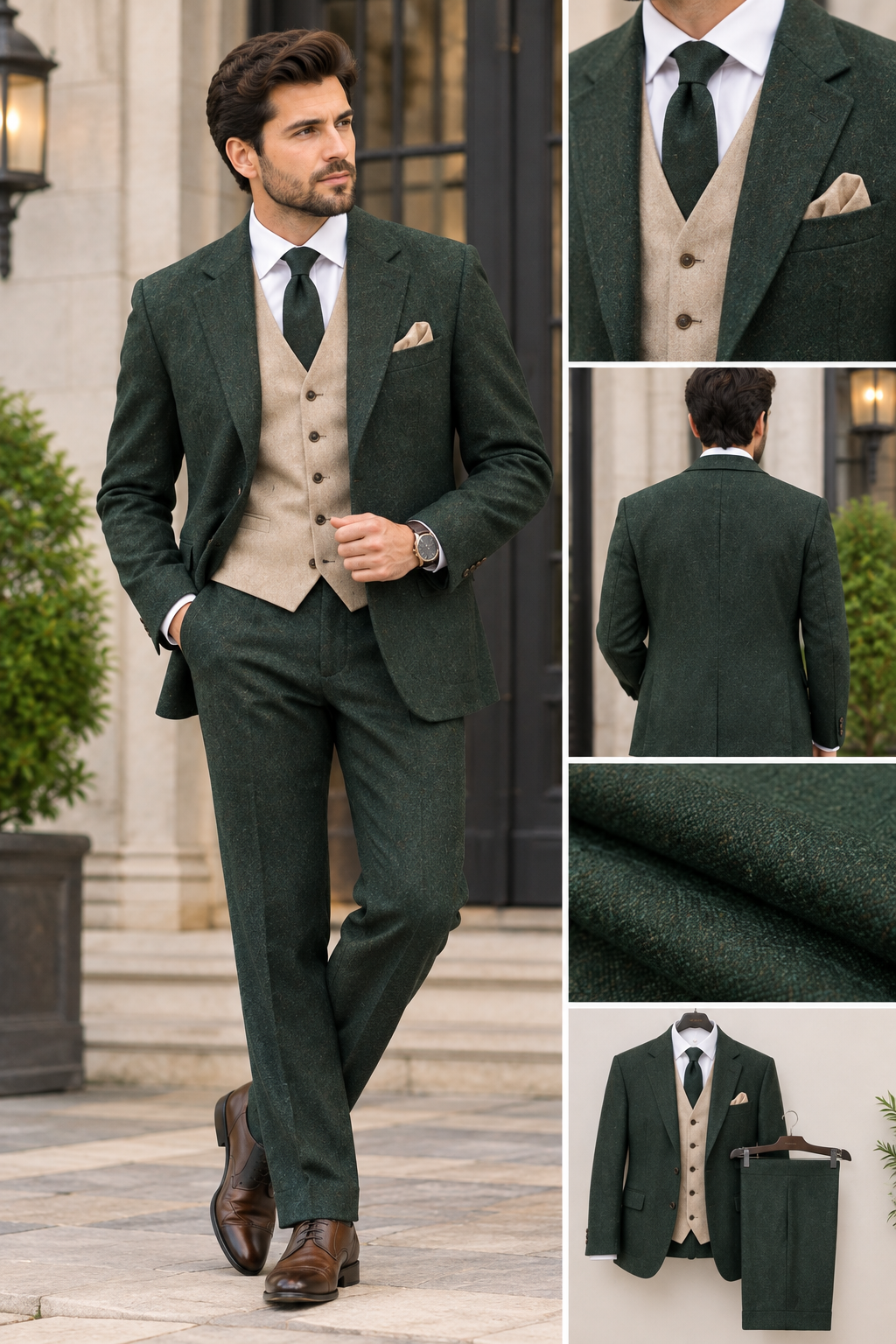 Men’s Dark Green Tweed 3 Piece Suit, Beige Waistcoat, Custom Tailored Wedding Suit