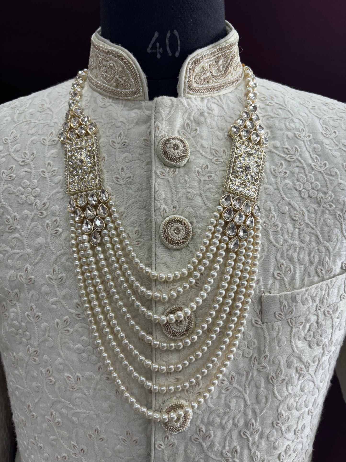 Golden Attire | Ivory 7-Layered Pearl Mala Groom Necklace with Stone Detailing | Sherwani Wedding Accessory