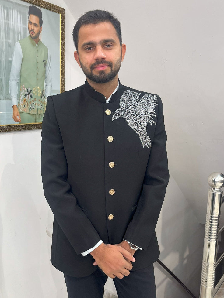 Black jodhpuri handwork wedding suit, groom wedding suit, Black prince Suit, groom outfit,