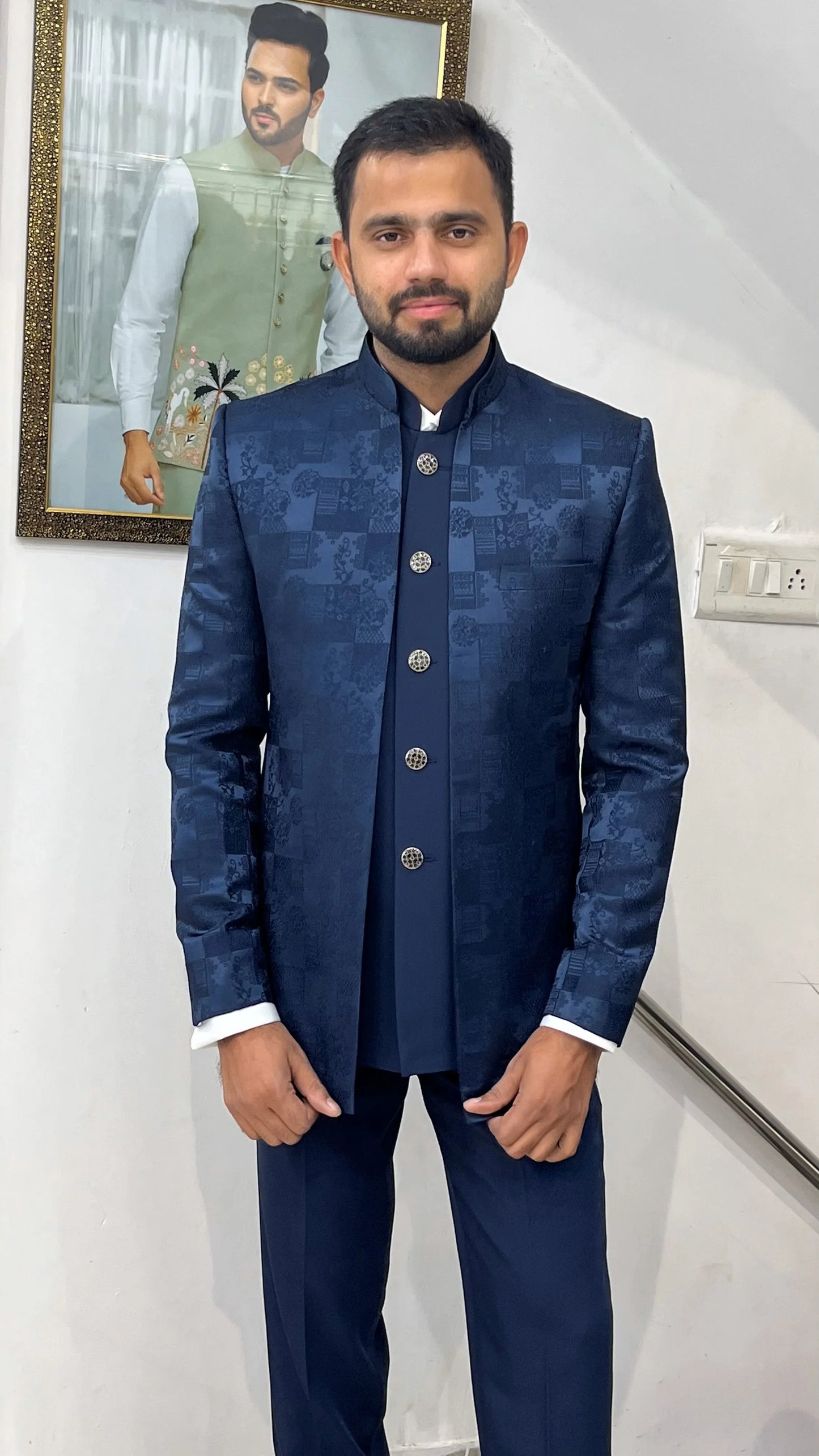 Men's Navy Blue Bandhgala Suit, Open Jodhpuri Wedding Outfit