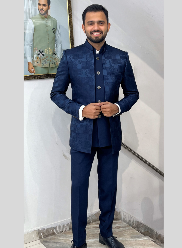 Blue Open Jodhpuri Three-Piece Suit – Bold, Traditional, and