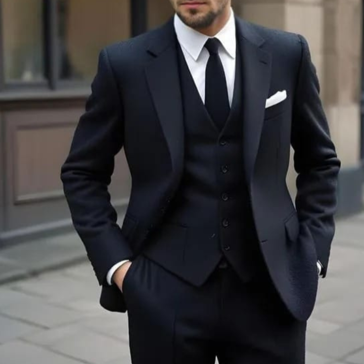 Classic Navy Blue Three-Piece Suit - Terry Rayon Fabric, White Shirt & Blue Tie