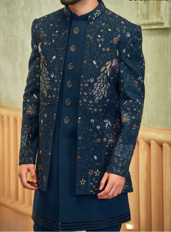 Elegant Peacock Blue Indo Western with Intricate Thread Embroidery