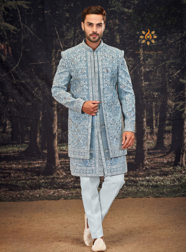 Elegant Sky Blue Indo-Western Thread Embroidered Ensemble – Perfect for Festive & Wedding Occasions