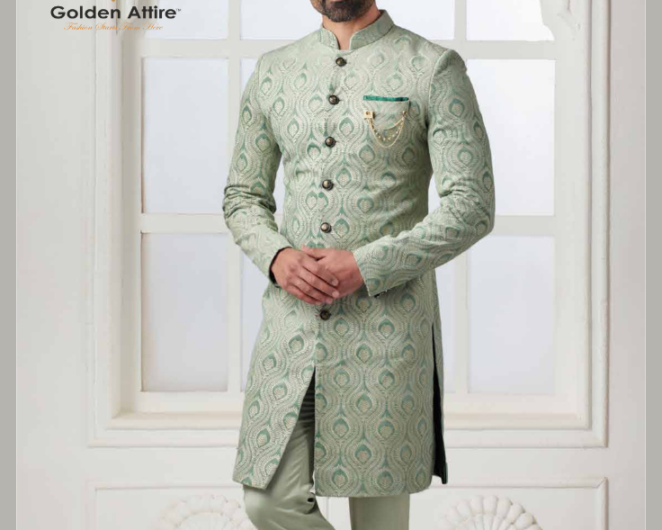 Royal Sage Green Velvet Groom Sherwani Indo-Western with Intricate Thread Embroidery