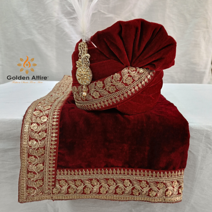 Elegant Red Velvet Groom Turban Shawl with Lace Detailing – Lightweight & Adjustable for Weddings & Special Occasions