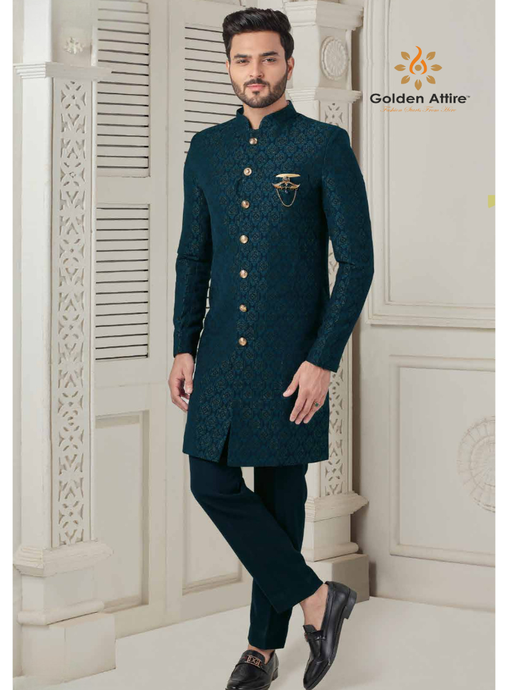 Golden Attire | Regal Peacock Blue Indo-Western Groom Achkan | Luxe Jacquard Terry Rayon Fabric | Customizable Design