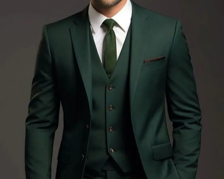 Golden Attire | Emerald Green Three-Piece Suit Customizable Fit with White Shirt & Green Tie