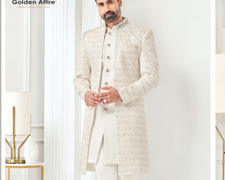 Ivory Elegance Customizable Indo Western Sherwani | Golden Attire | Zardozi & Thread Embroidered Luxury