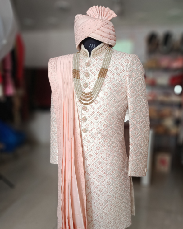 Golden Attire Ivory Groom Sherwani | Premium Viscose & Silk | All Over Thread Embroidery & Front Zardosi Pink Accents | Customizable Wedding Wear