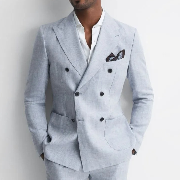 Sky Blue Linen Double-Breasted Summer Suit with White Shirt & Black Buttons | Customizable Tailoring for the Perfect Fit