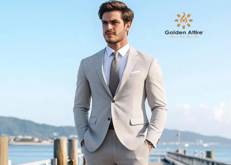 Customizable Light Grey Two Piece Suit, Premium Office Attire with White Shirt & Grey Tie, Modern Fit & Black Button Detailing