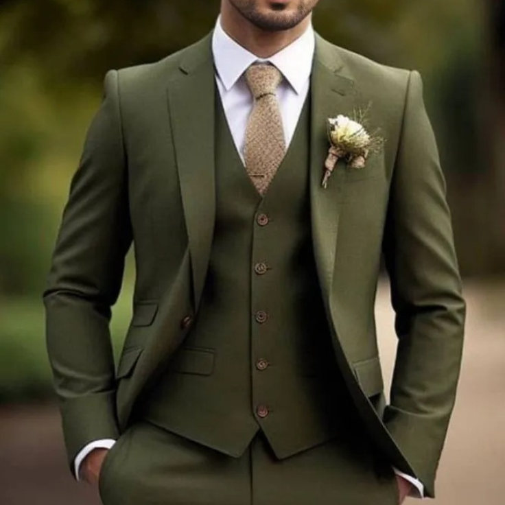 Elegant Olive Green Three Piece Suit | Customizable Fit | Includes White Shirt & Tie | Premium Comfort & Style