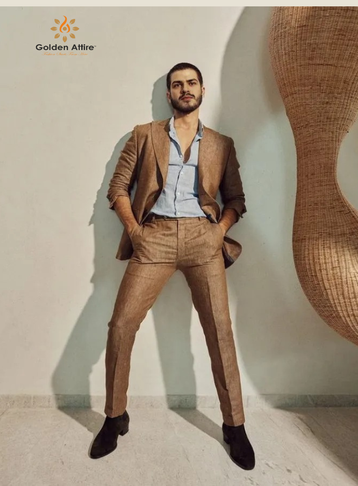 Stylish Brown Two-Piece Groom Suit | Summer Comfort Linen Fabric & Sky Blue Shirt | Customizable Design