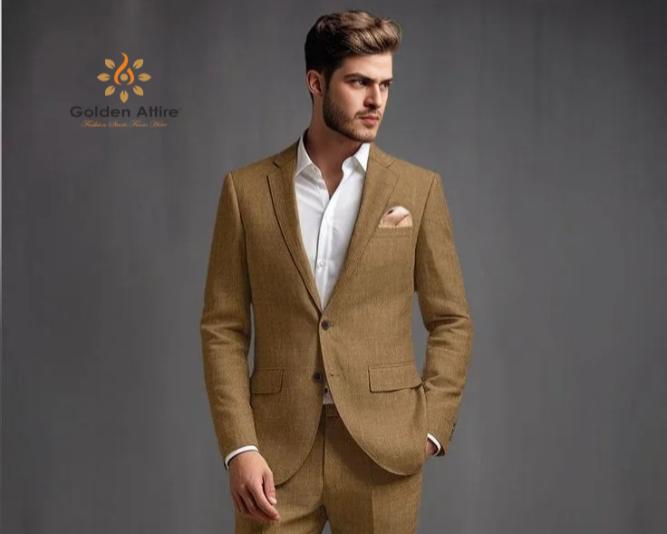 Golden Attire Men's Brown Linen Two-Piece Groom Suit, Comfortable & Customizable