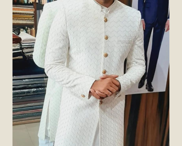 Golden Attire White Velvet Indo-Western Groom Sherwani, All-Over Thread Embroidery, Comfort Fit & Customizable
