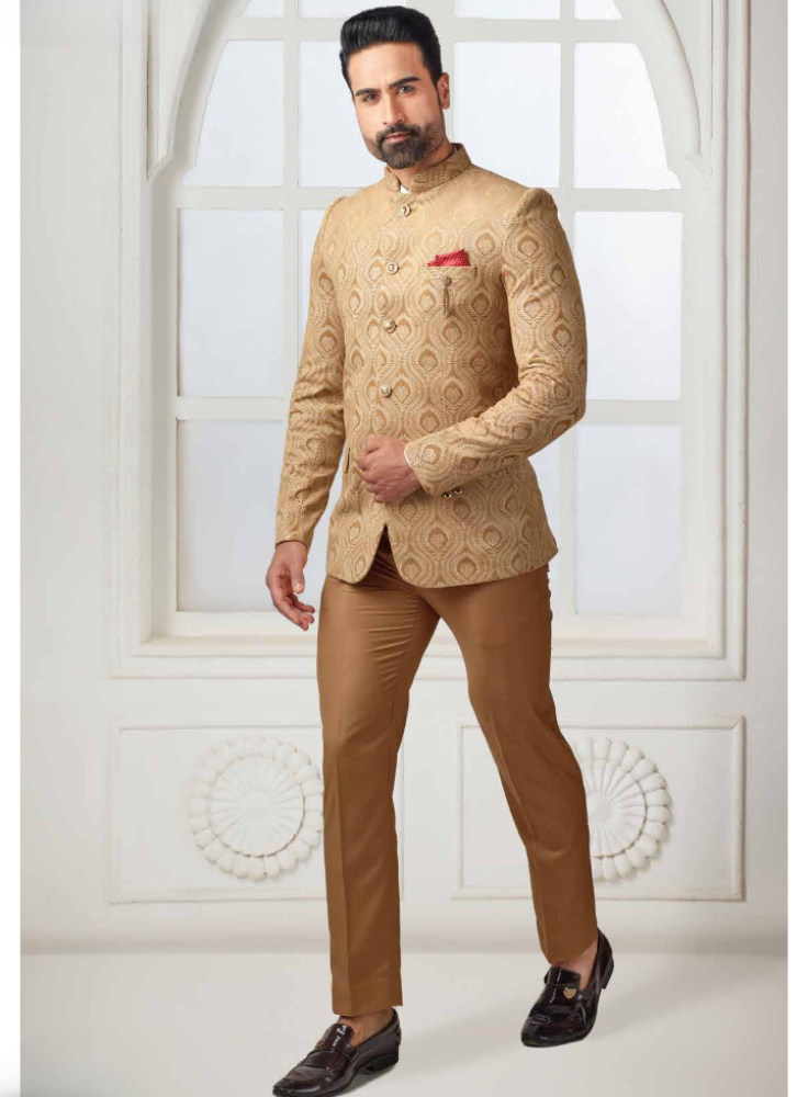 Champagne Velvet Bandhgala Suit, Traditional Jodhpuri Wedding Groom Outfit