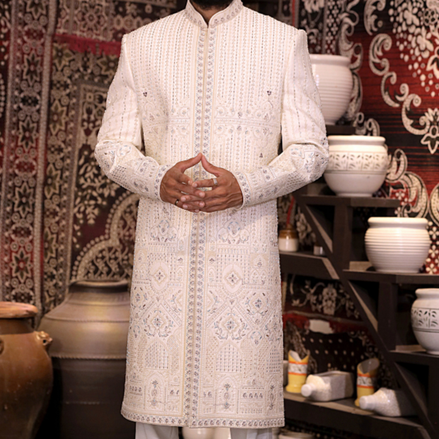 Ivory Luxury Groom Sherwani with Zardozi & Thread Embroidery