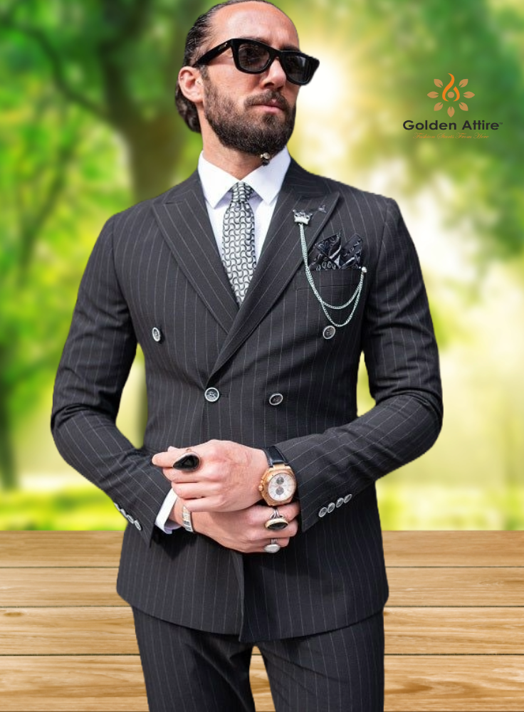 Stylish Black & White Pinstriped Double-Breasted Suits – Sophisticated & Modern Elegance