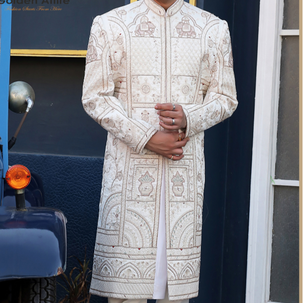 Cream Luxury Groom Sherwani, Zardozi & Thread Embroidered
