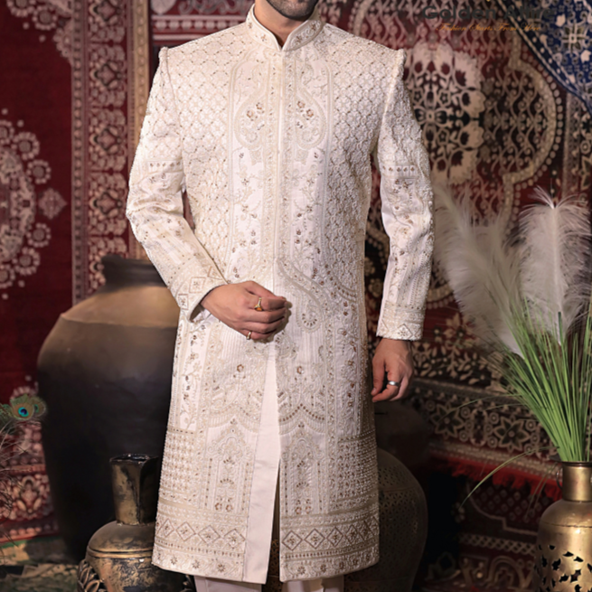 Charming Pink Wedding Sherwani for Groom All Over Hand Embroidery