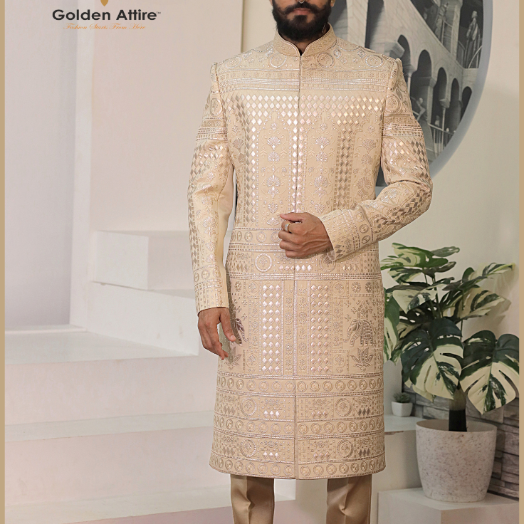 Beige Designer Groom Sherwani Luxury Wedding Wear All-Over Thread Embroidery