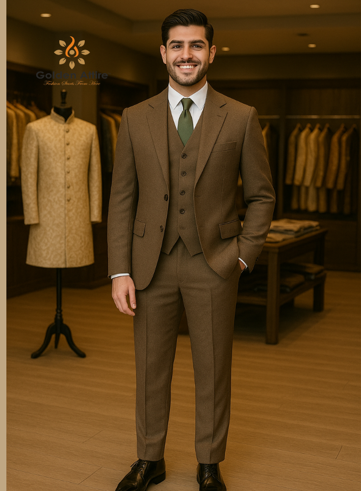 Men's Custom Brown Tweed 3-Piece Groom Suit, Comfortable Luxury Wedding Suits
