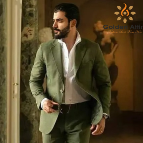 Custom Emerald Green Linen Groom Suit, Two-Piece Breathable Wedding Suit