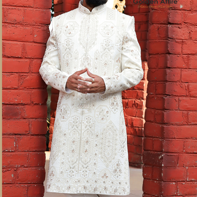 Warm White Groom Sherwani Zardozi & Thread Embroidery Customizable Sherwani