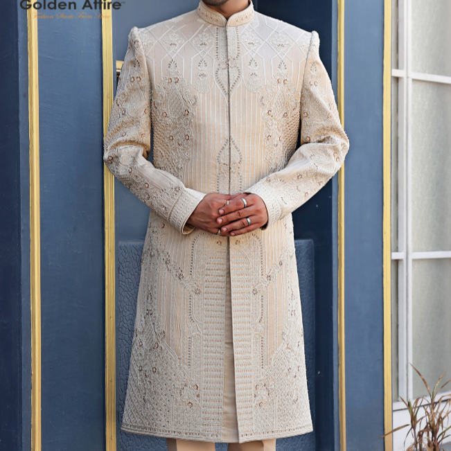 Rose Gold Groom Sherwani Latest Zardozi & Thread Embroidery