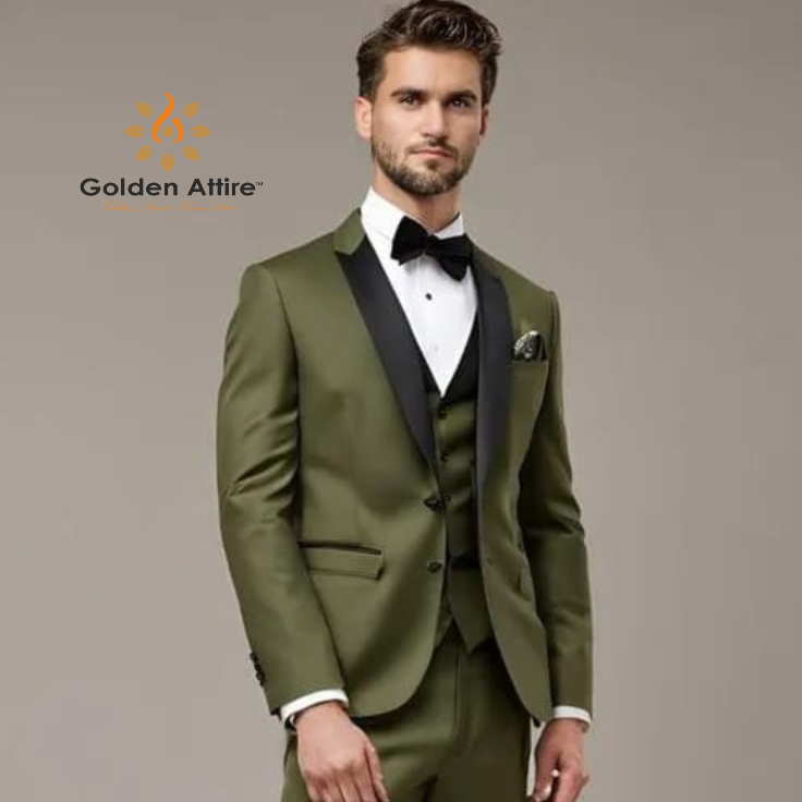 Olive Green Three-Piece Dinner Suit with Black Shawl Lapel, White Shirt & Black Bow Tie - Premium Terry Rayon Fabric