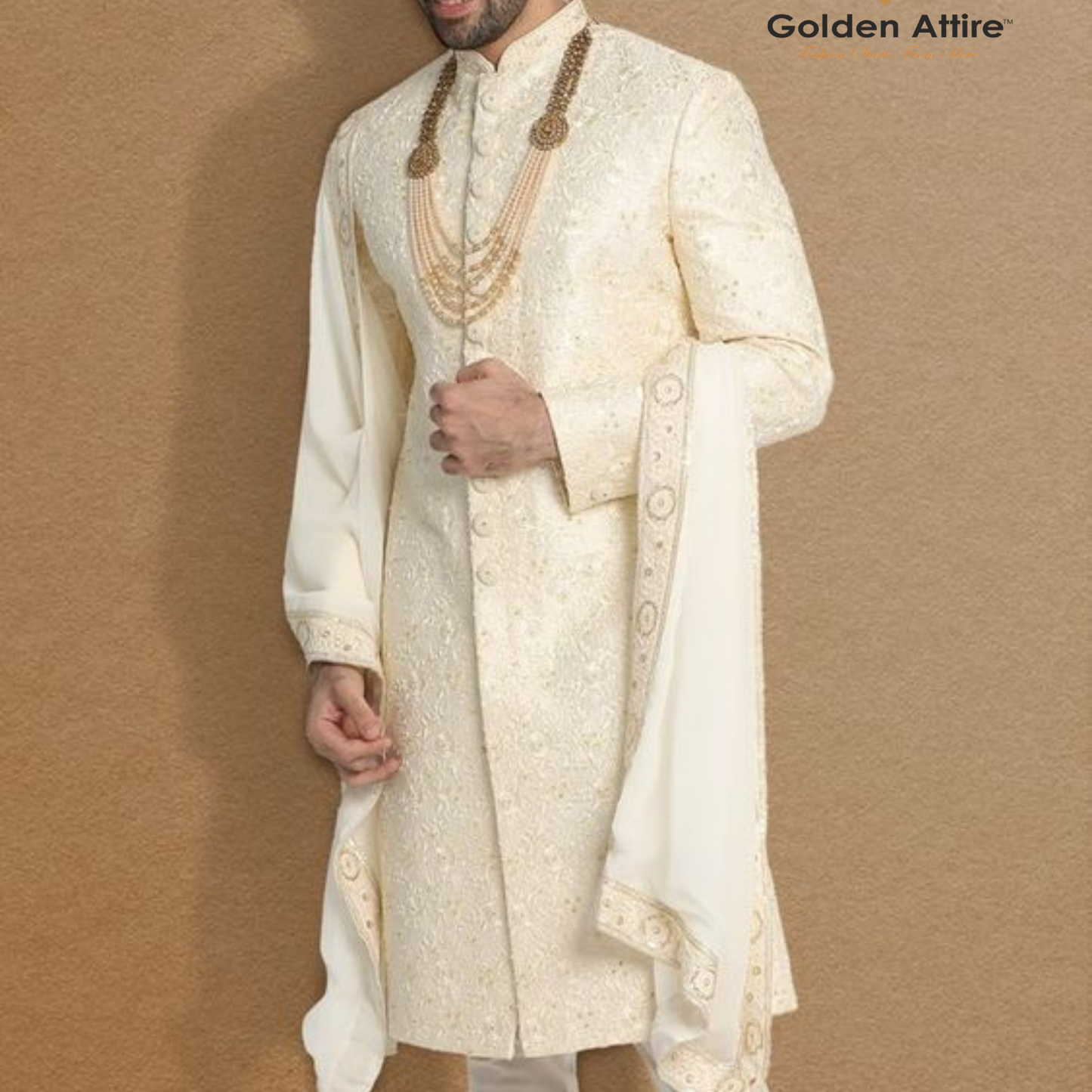 Ivory Silk Groom Sherwani with All-Over Thread Embroidery – Exquisite Wedding Attire, Sherwani for men