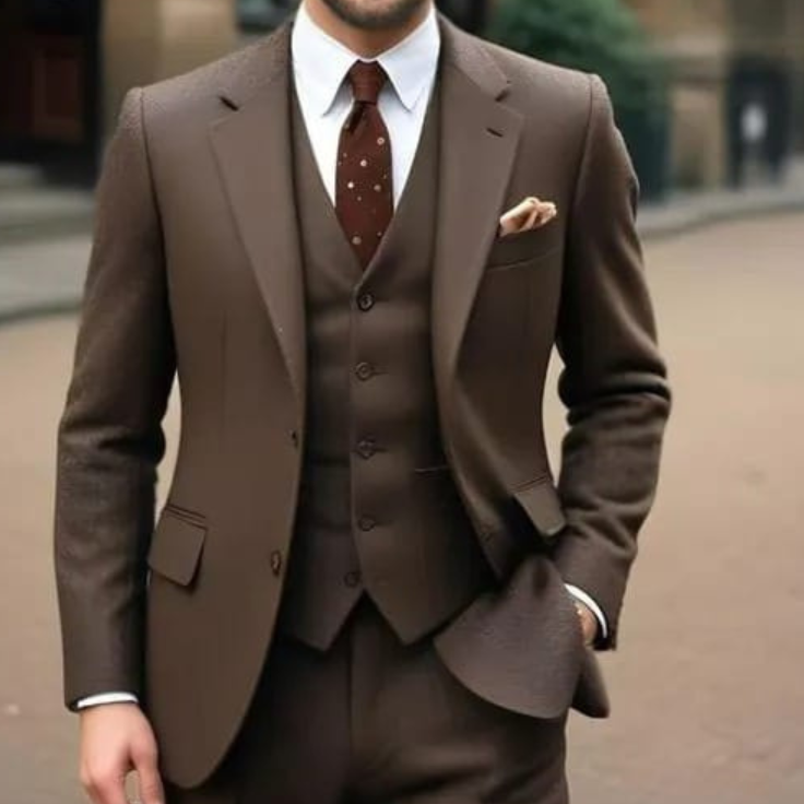 Elegant Dark Brown Three Piece Suit,