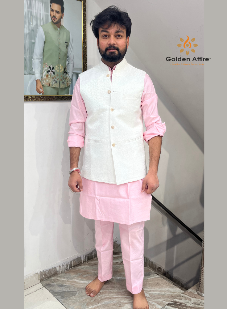 Stylish White Nehru Jacket with Pink Kurta Pajama Set