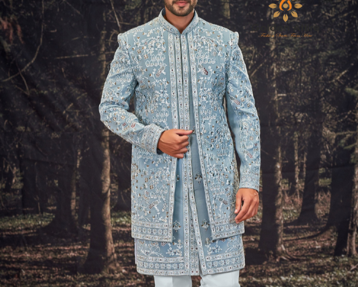 Elegant Sky Blue Indo-Western Thread Embroidered Ensemble – Perfect for Festive & Wedding Occasions