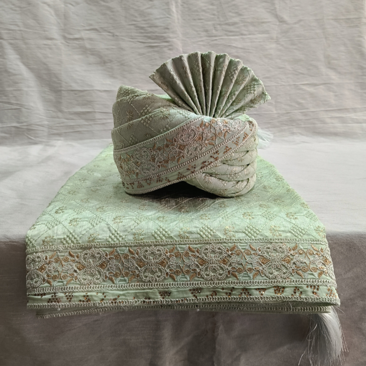 Elegant Sage Green Silk Groom Turban Shawl with All-Over Thread Embroidery – Lightweight & Adjustable (Shawl 65x250 cm)