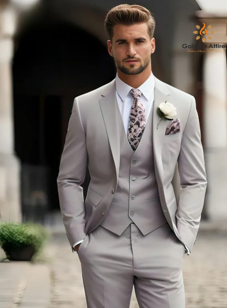 Stylish Light Grey Three-Piece Suit in Terry Rayon Fabric with Printed Tie & White Shirt