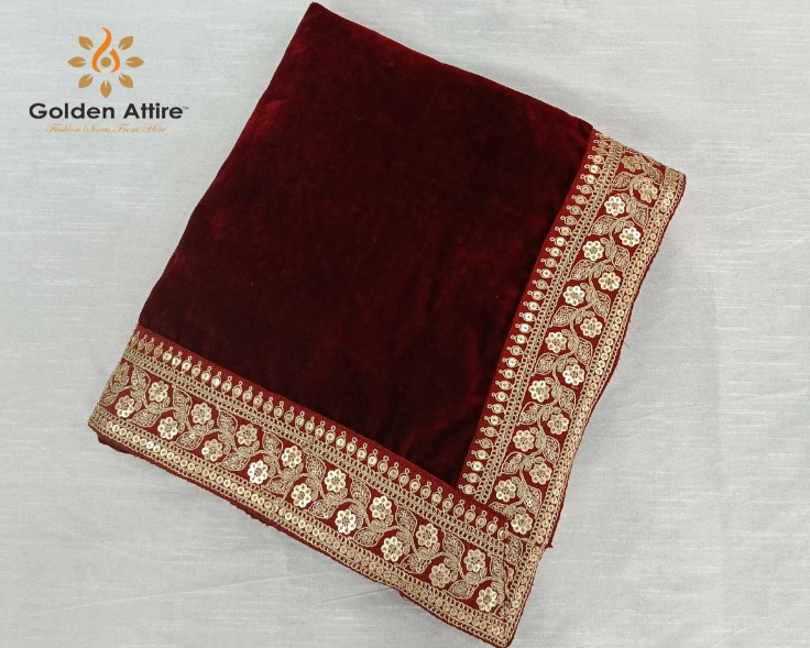 Elegant Red Velvet Groom Turban Shawl with Lace Detailing – Lightweight & Adjustable for Weddings & Special Occasions