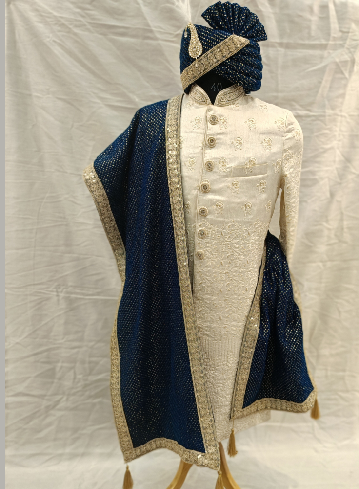Royal Navy Blue Velvet Turban Shawl with Golden Lace & Embroidery – Adjustable Velcro Closure | Luxurious Elegance