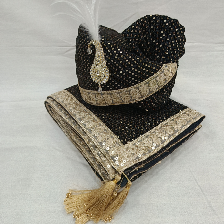 Regal Black Velvet Groom Turban Shawl with Golden Lace & Removable Cream Kalangi | Adjustable Velcro Design for Timeless Elegance (Shawl 65x250 cm)