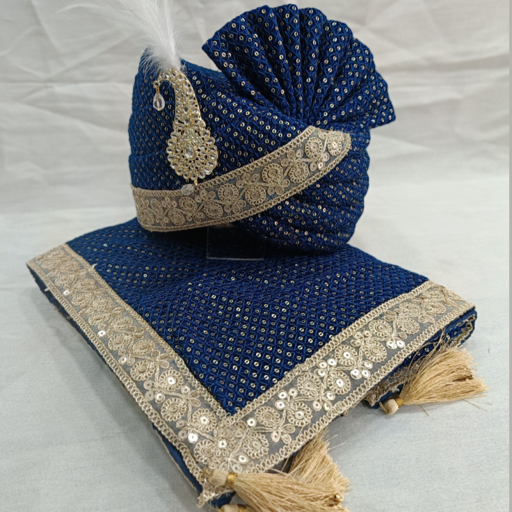 Royal Twill Blue Velvet Groom Turban Shawl with Golden Lace & Detachable Cream Kalangi | Adjustable Velcro (Shawl 65x250 cm)