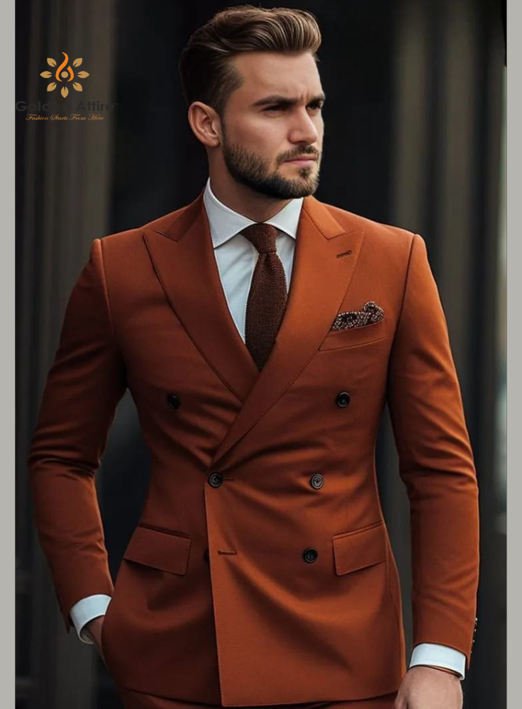 Customizable Terracotta Double-Breasted Suit in Luxurious Terry Rayon – Bold, Sophisticated, and Uniquely Yours