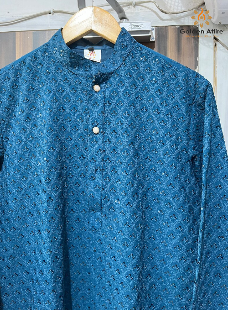Regal Peacock Blue Handcrafted Kurta with Embroidered Elegance | Customizable Cotton Ensemble