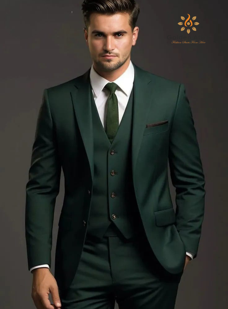 Emerald Green Three-Piece Suit Customizable Fit with White Shirt & Gre Golden Attire Emerald Green Three-Piece Suit Customizable Fit with White Shirt & Gre Golden Attire
