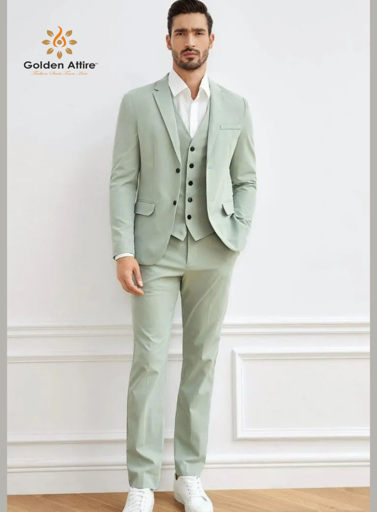 Golden Attire Sage Green Three-Piece Suit | Terry Rayon Elegance | Customizable Fit with Bold Black Accents