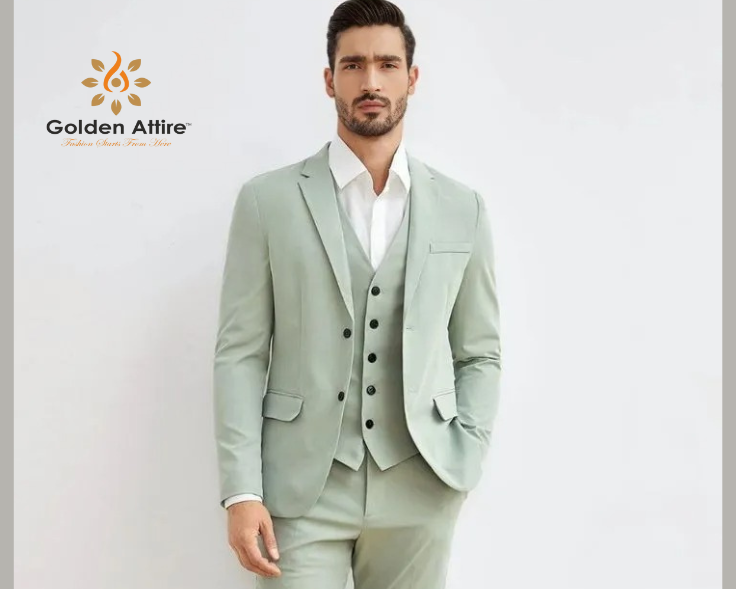 Golden Attire Sage Green Three-Piece Suit | Terry Rayon Elegance | Customizable Fit with Bold Black Accents