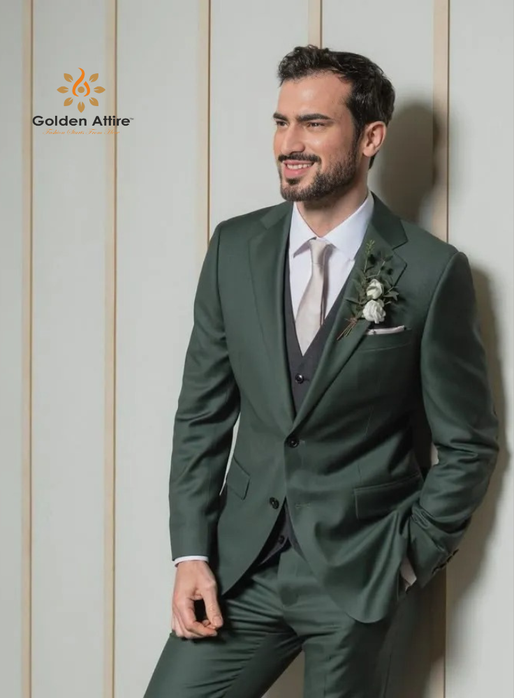 Golden Attire's Emerald Elegance | Custom-Tailored 3-Piece Terry Rayon Suit with Dark Grey Vest & Crisp White Shirt