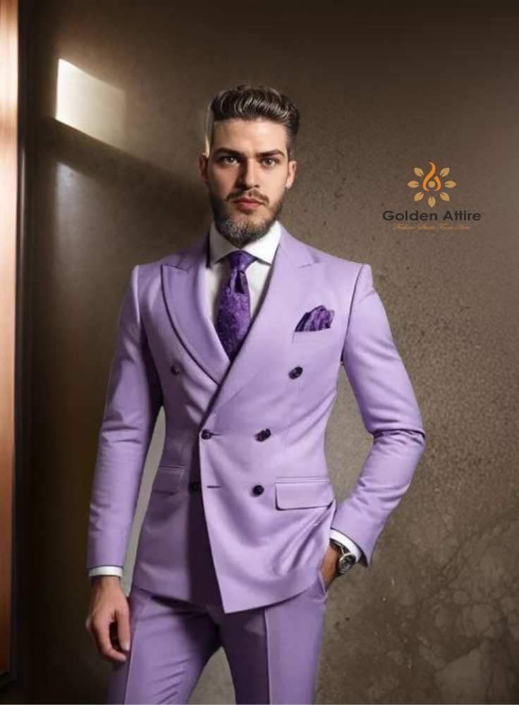Golden Attire Luxe Lavender Double-Breasted Terry Rayon Suit | Customizable Premium Fit | White Shirt & Black Button Elegance